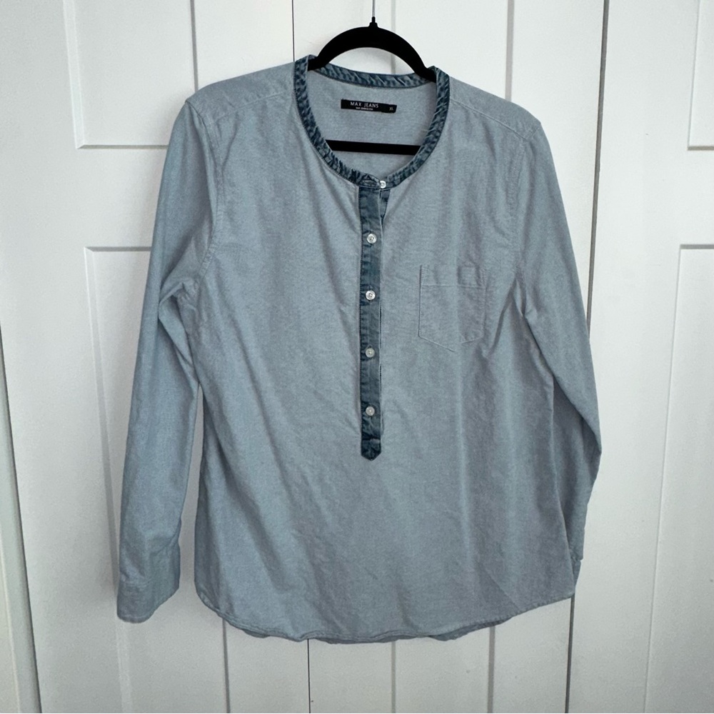 Max Jeans Blue Denim Casual 3/4 Button Down Shirt with Darker Denim Trim- xl